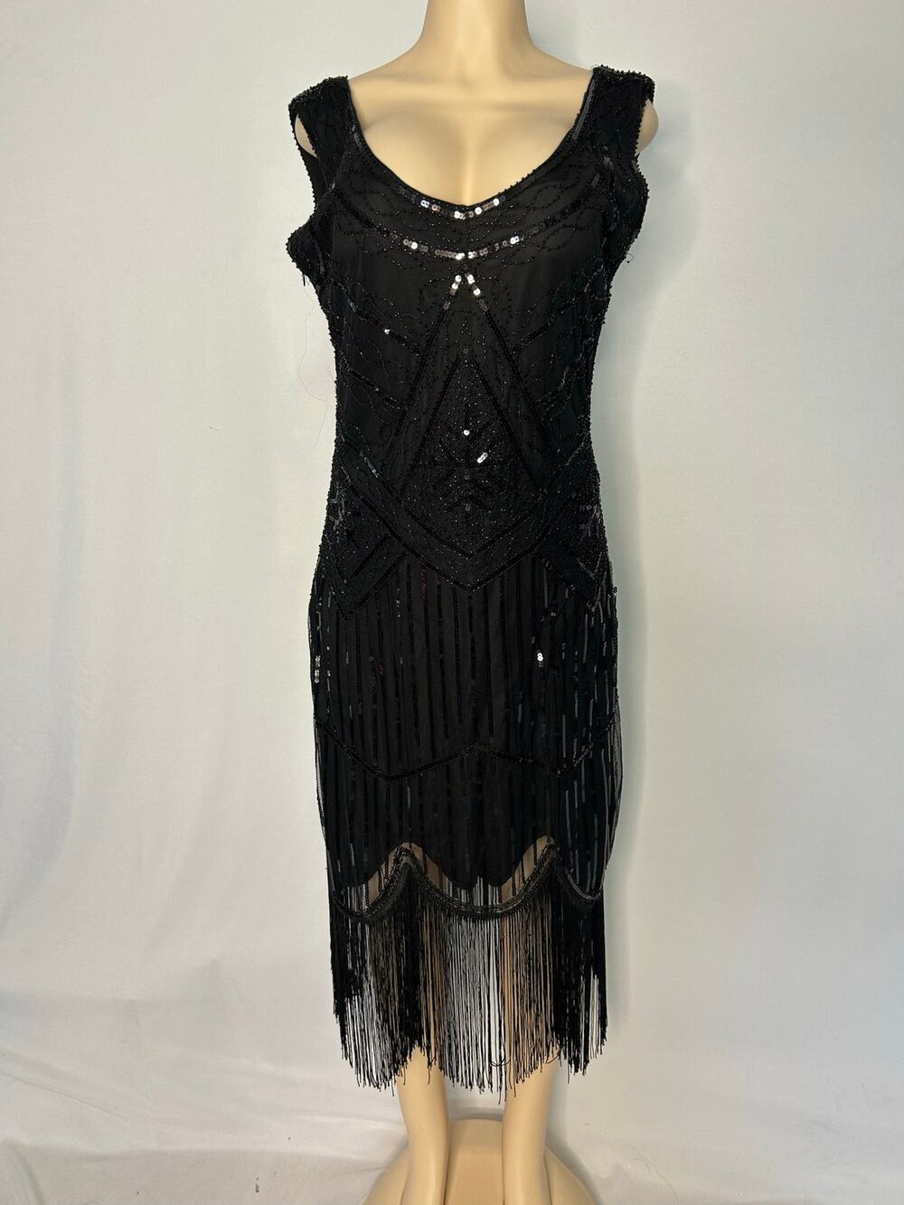 Fundaisy XL Black Beaded Sequin Fringe Flapper Dress Gatsby Art Deco